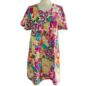 NATIONAL Tropical Floral Butterfly Print Cotton Patio House Dress, Medium